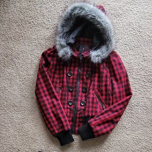Kid's Black & Red Check Lined Bomber Jacket with Removable Faux Fur Lined Hood